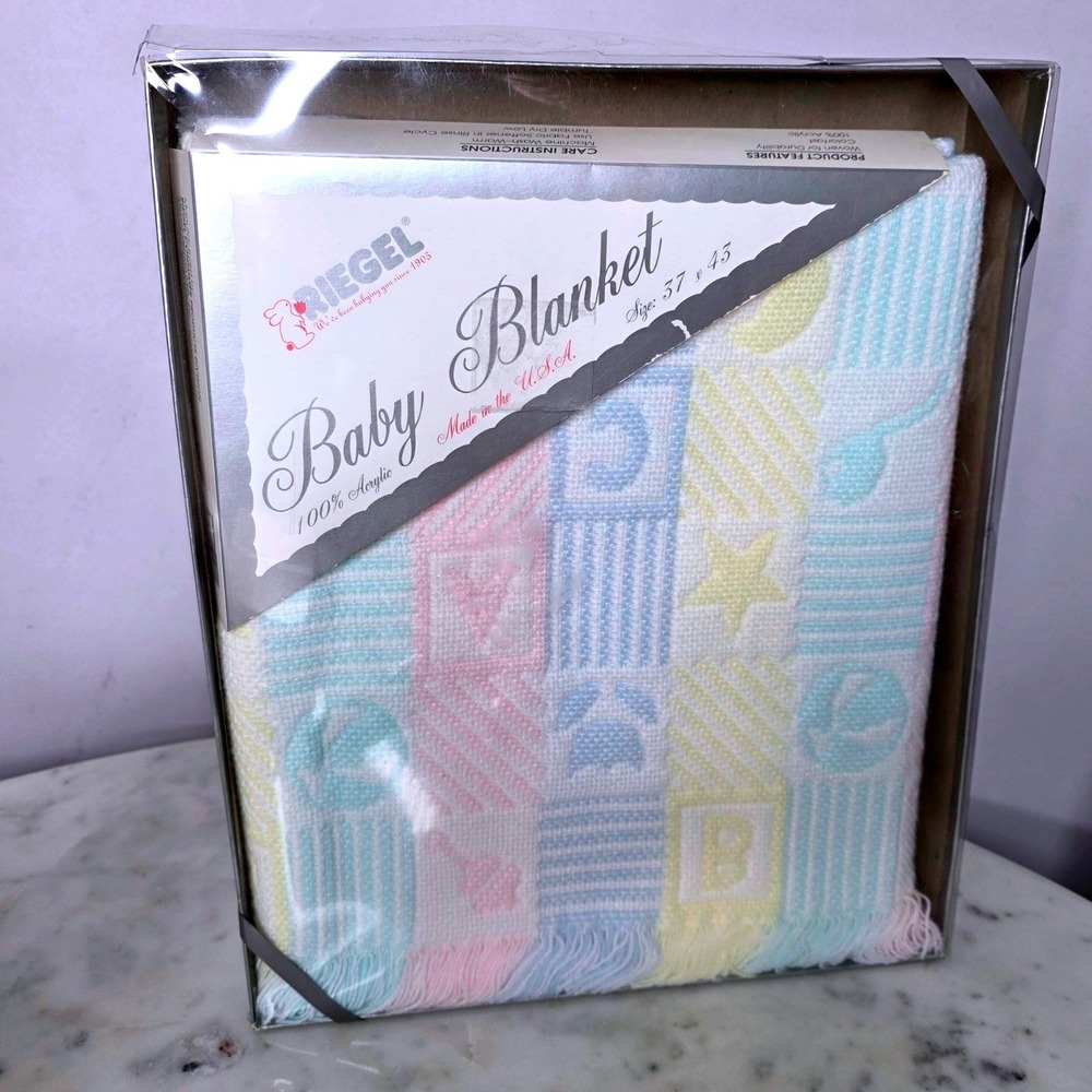 Vtg Riegel Baby Blanket Blocks Pastel Acrylic Woven Fringe New Box 37x43 retro